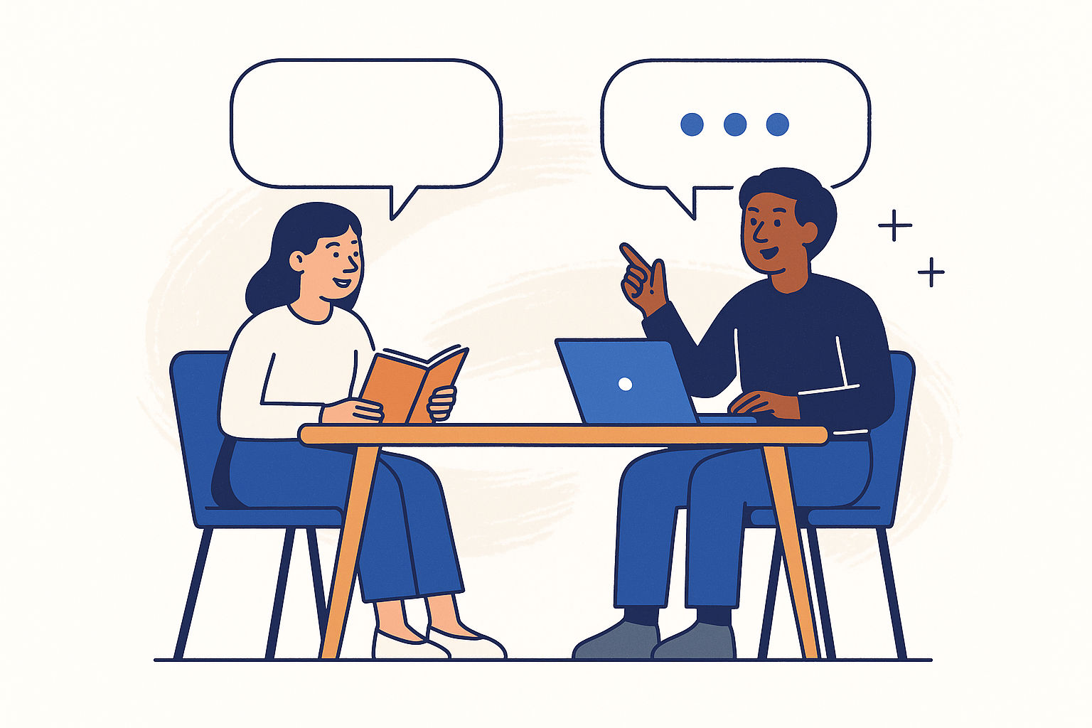 Illustration von zwei Personen im Dialog - symbolisiert erfolgreiche Kommunikation und Textarbeit