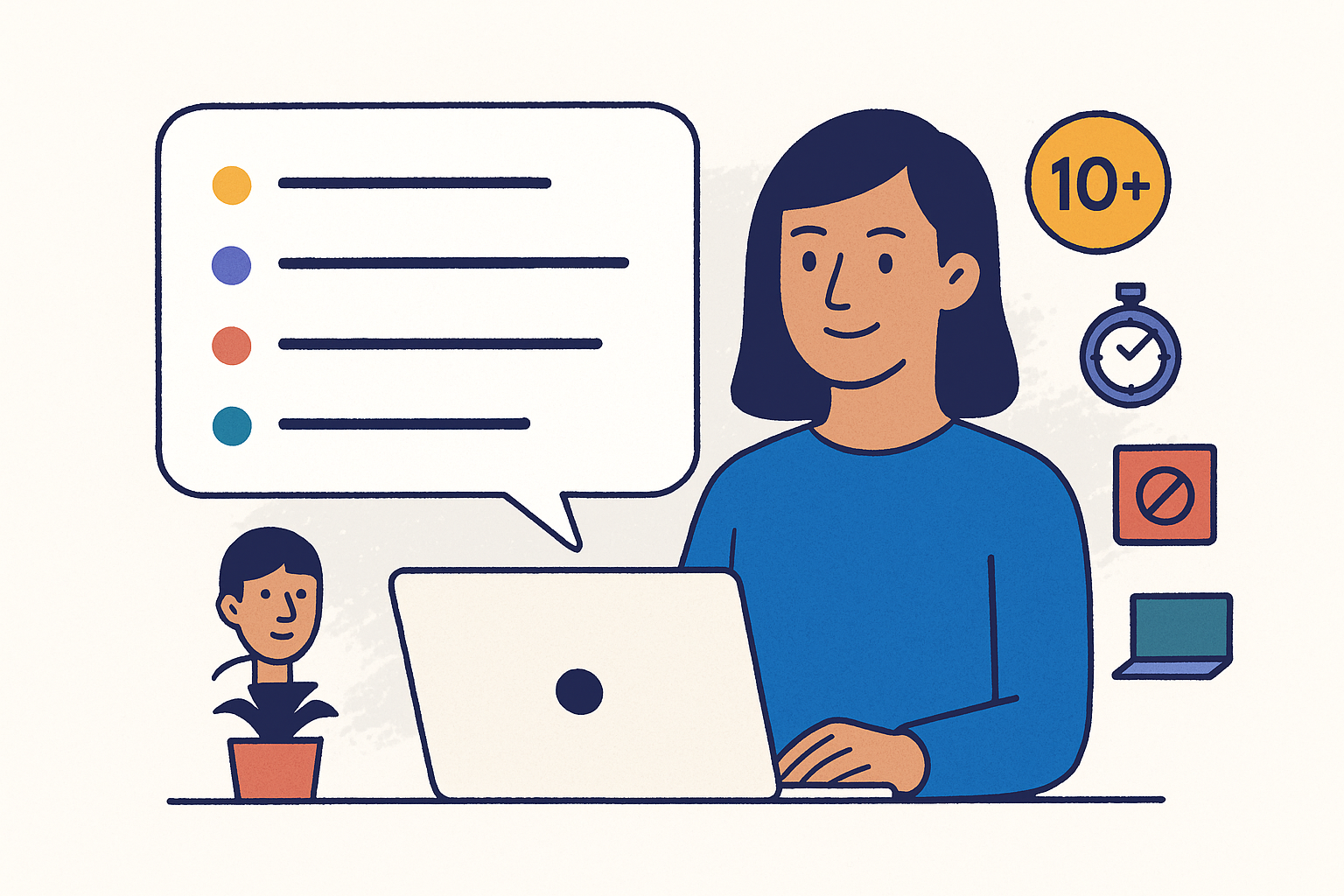 Illustration einer Texterin bei der Arbeit mit verschiedenen Content-Formaten und professionellen Tools